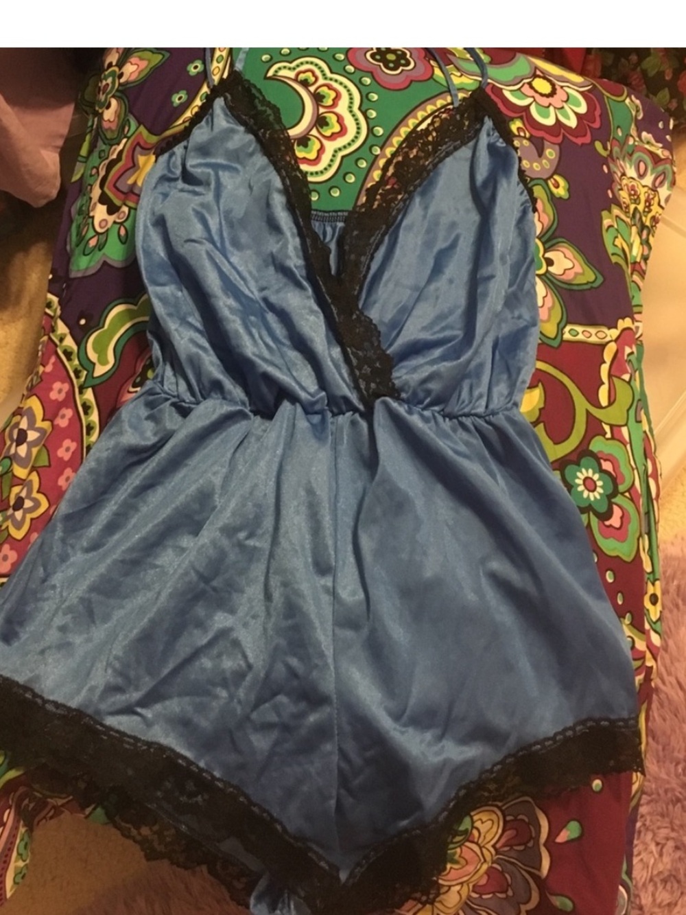 VTG Victoria's Secret Blue Satin Romper Chemise with Black Lace Trim